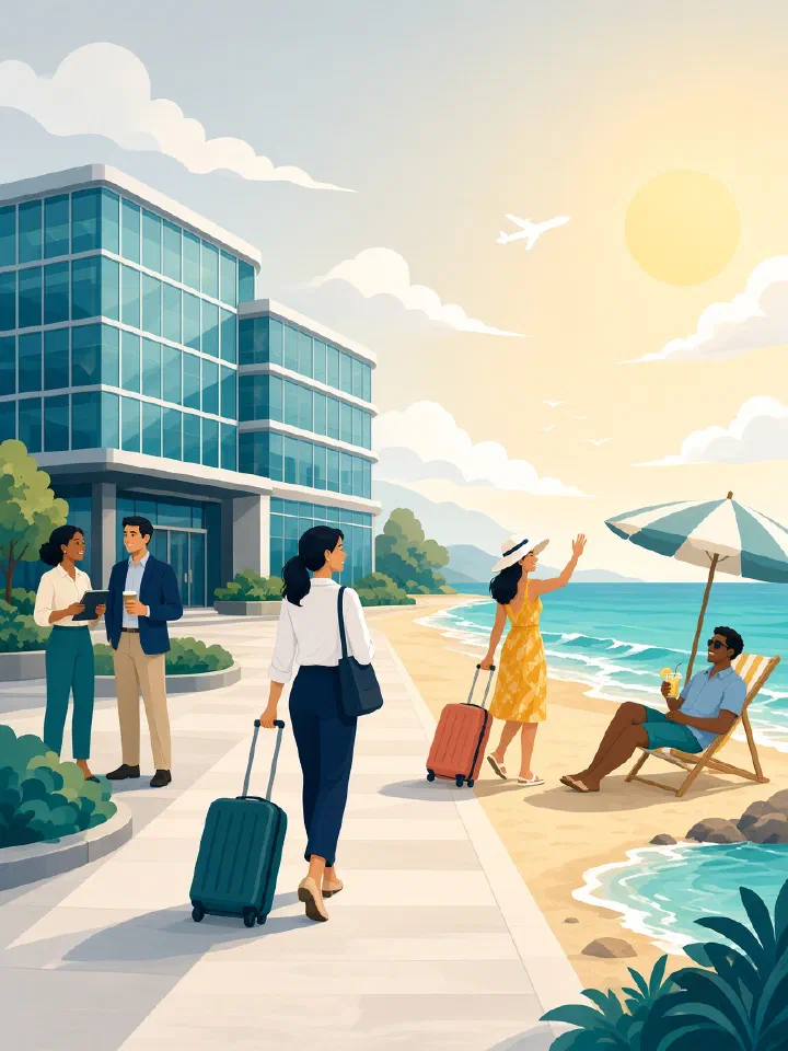 Illustration: Links ein Bürogebäude, in dem Kollegen sich besprechen, rechts ein Strand mit Liegestuhl. Arbeit und Urlaub liegen in einem durchgehenden Raum.